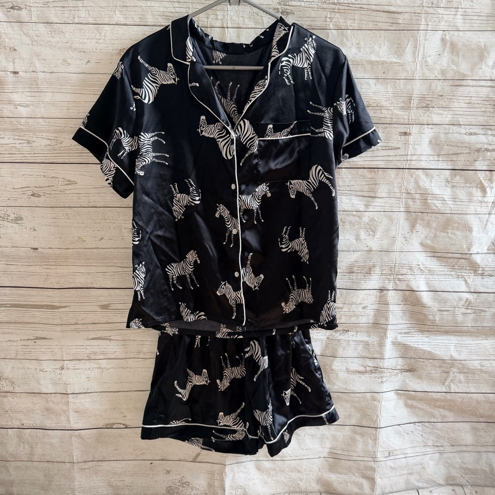 Black Zebra Print Satin Short Pajama Set - Women